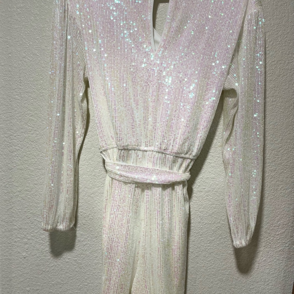 White Sparkly Long Sleeve Jumpsuit with Belt